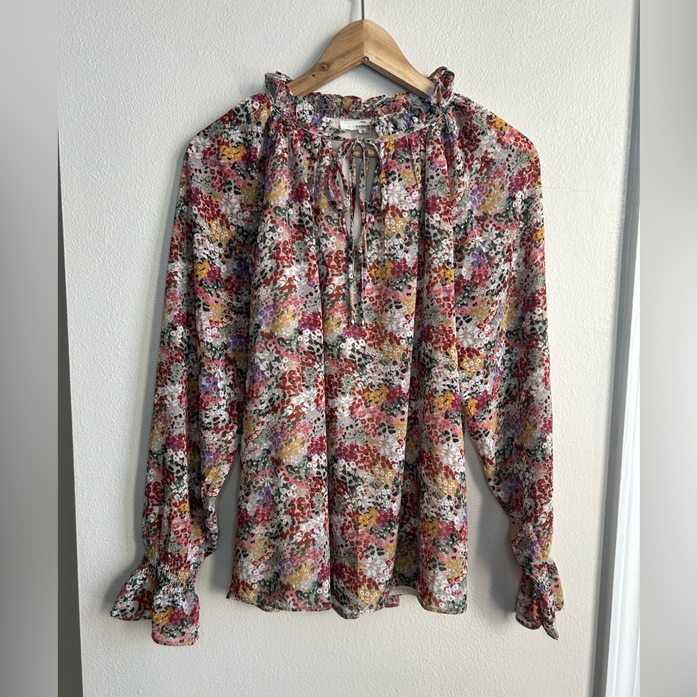 Entro Colorful Floral Ruffle Long Sleeve Tie Neck Baby Doll Style Blouse Size S